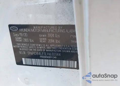 2020 Hyundai Elantra Sel z USA, uszkodzony, nr VIN 5NPD84LF1LH630344